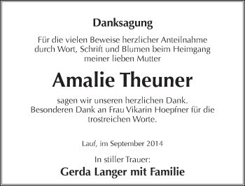 Traueranzeige von Amalie Theuner von Pegnitz-Zeitung